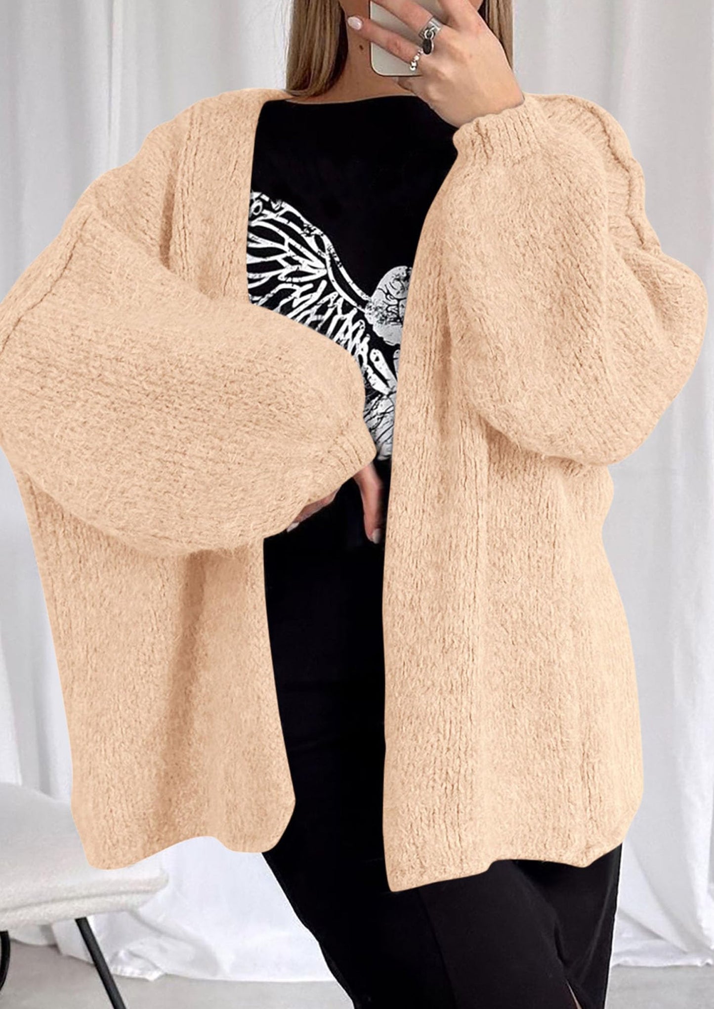 Women’s Oversized Lantern Sleeve Cardigan – Lightweight Fall Knit Sweater, Open Front
