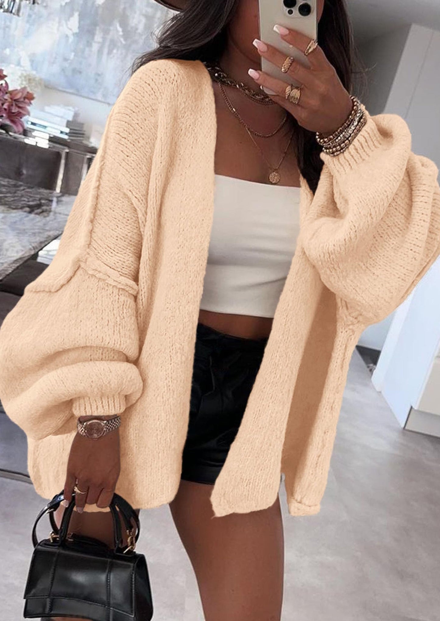 Women’s Oversized Lantern Sleeve Cardigan – Lightweight Fall Knit Sweater, Open Front