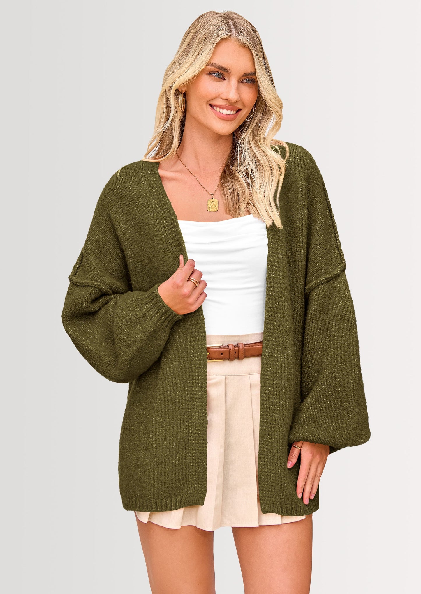 Women’s Oversized Lantern Sleeve Cardigan – Lightweight Fall Knit Sweater, Open Front