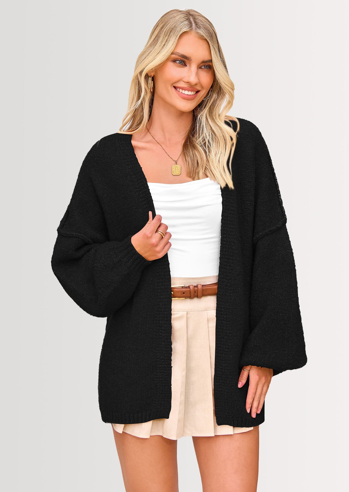 Women’s Oversized Lantern Sleeve Cardigan – Lightweight Fall Knit Sweater, Open Front