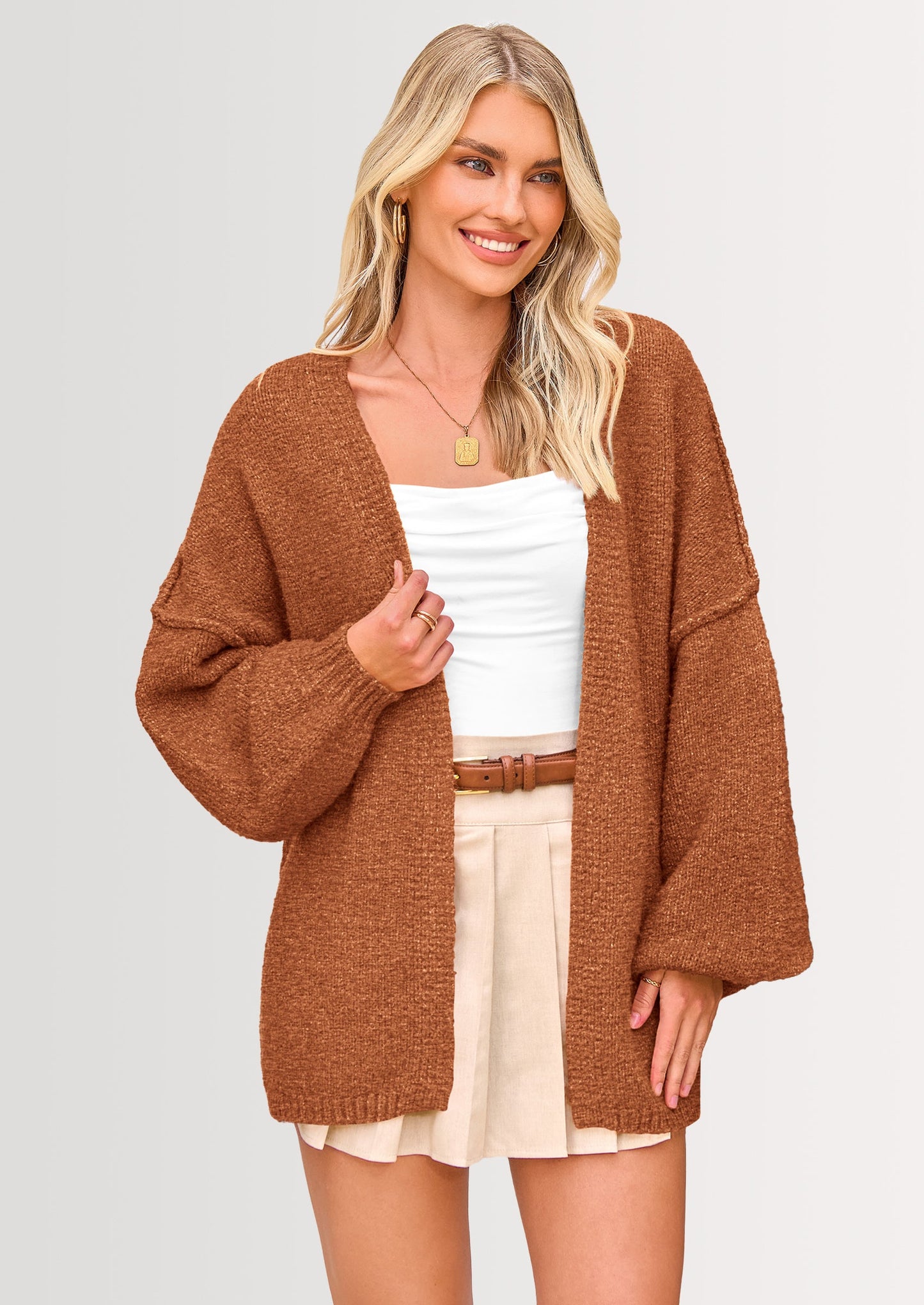 Women’s Oversized Lantern Sleeve Cardigan – Lightweight Fall Knit Sweater, Open Front