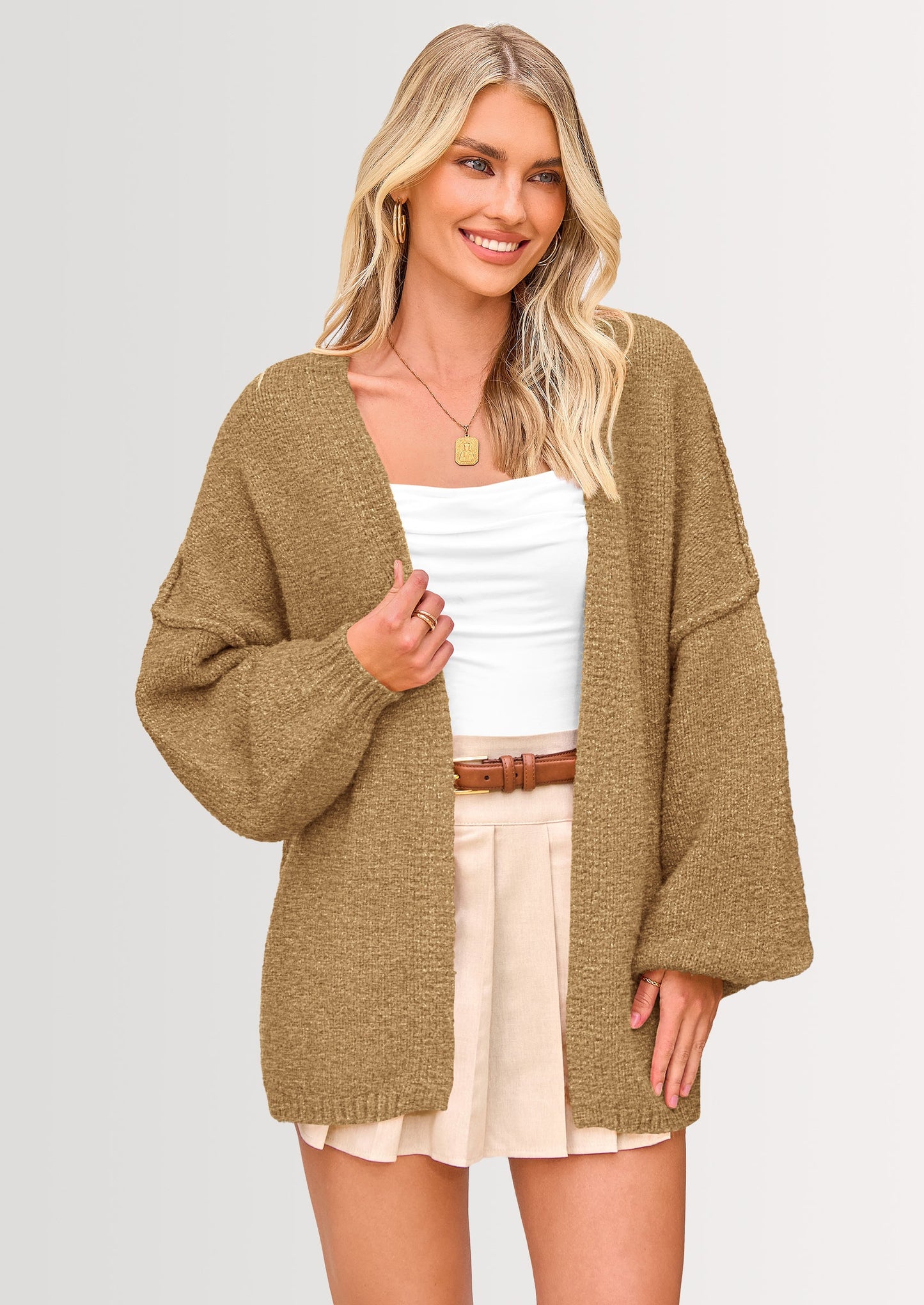 Women’s Oversized Lantern Sleeve Cardigan – Lightweight Fall Knit Sweater, Open Front