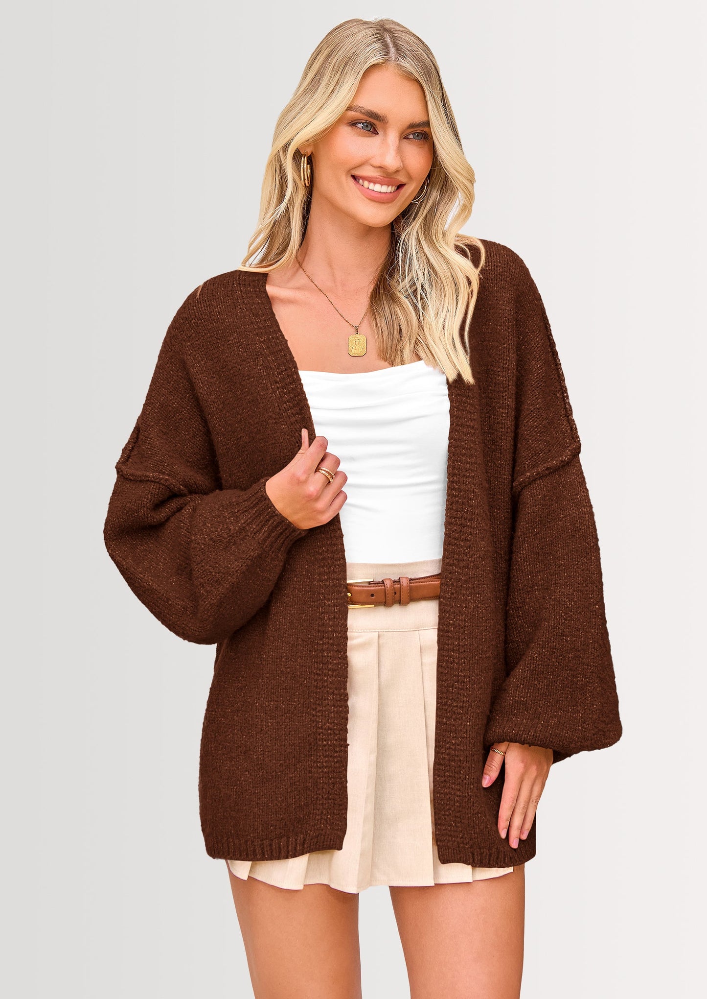 Women’s Oversized Lantern Sleeve Cardigan – Lightweight Fall Knit Sweater, Open Front