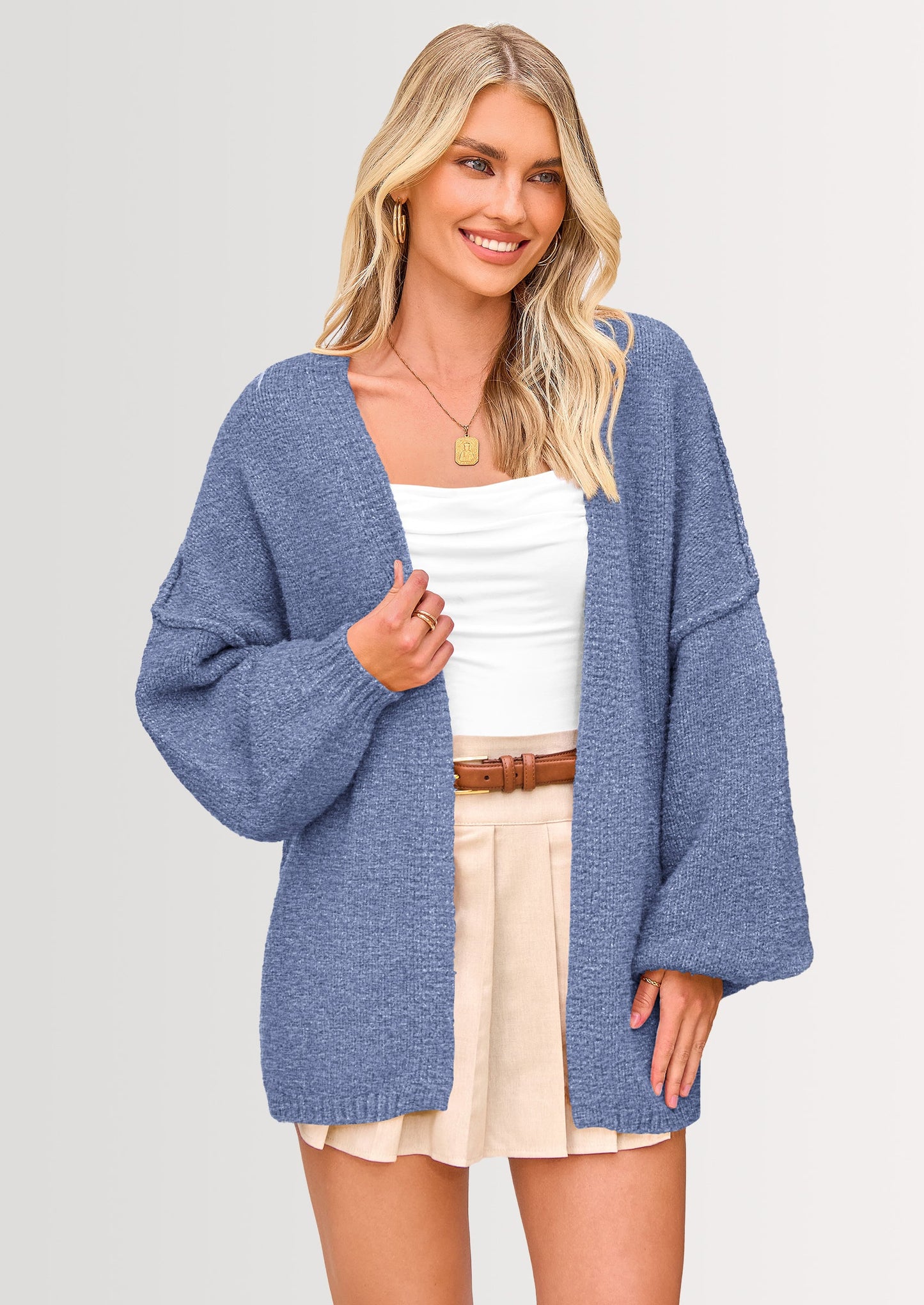 Women’s Oversized Lantern Sleeve Cardigan – Lightweight Fall Knit Sweater, Open Front