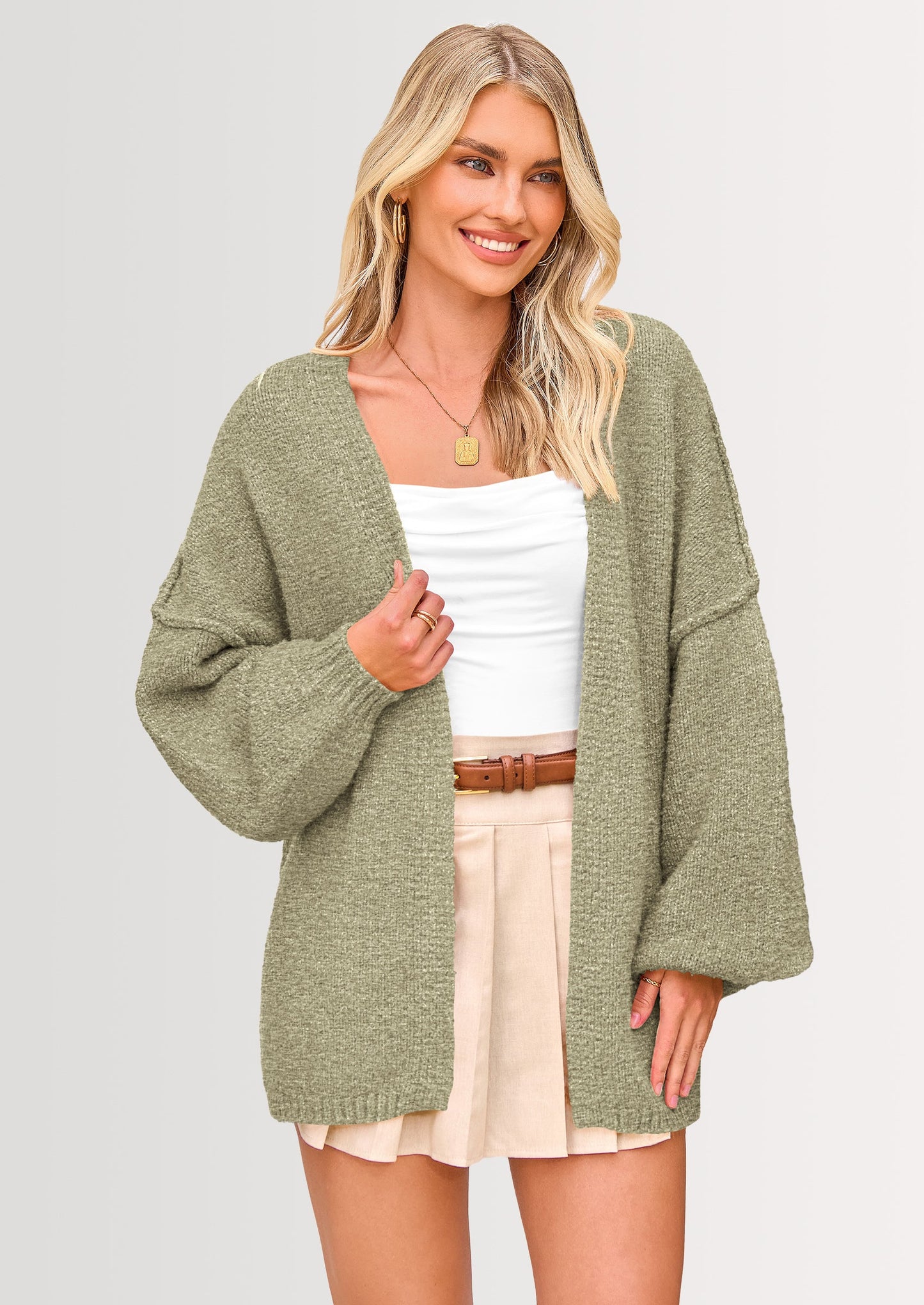 Women’s Oversized Lantern Sleeve Cardigan – Lightweight Fall Knit Sweater, Open Front