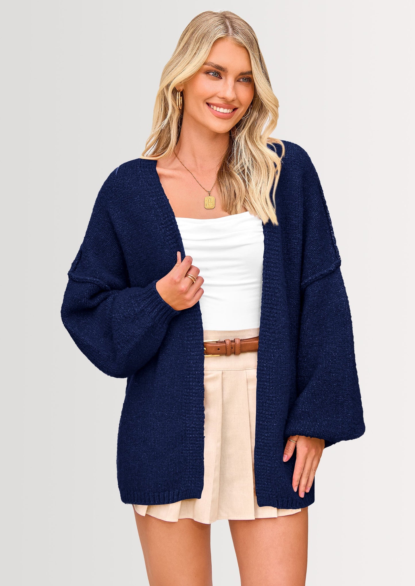 Women’s Oversized Lantern Sleeve Cardigan – Lightweight Fall Knit Sweater, Open Front