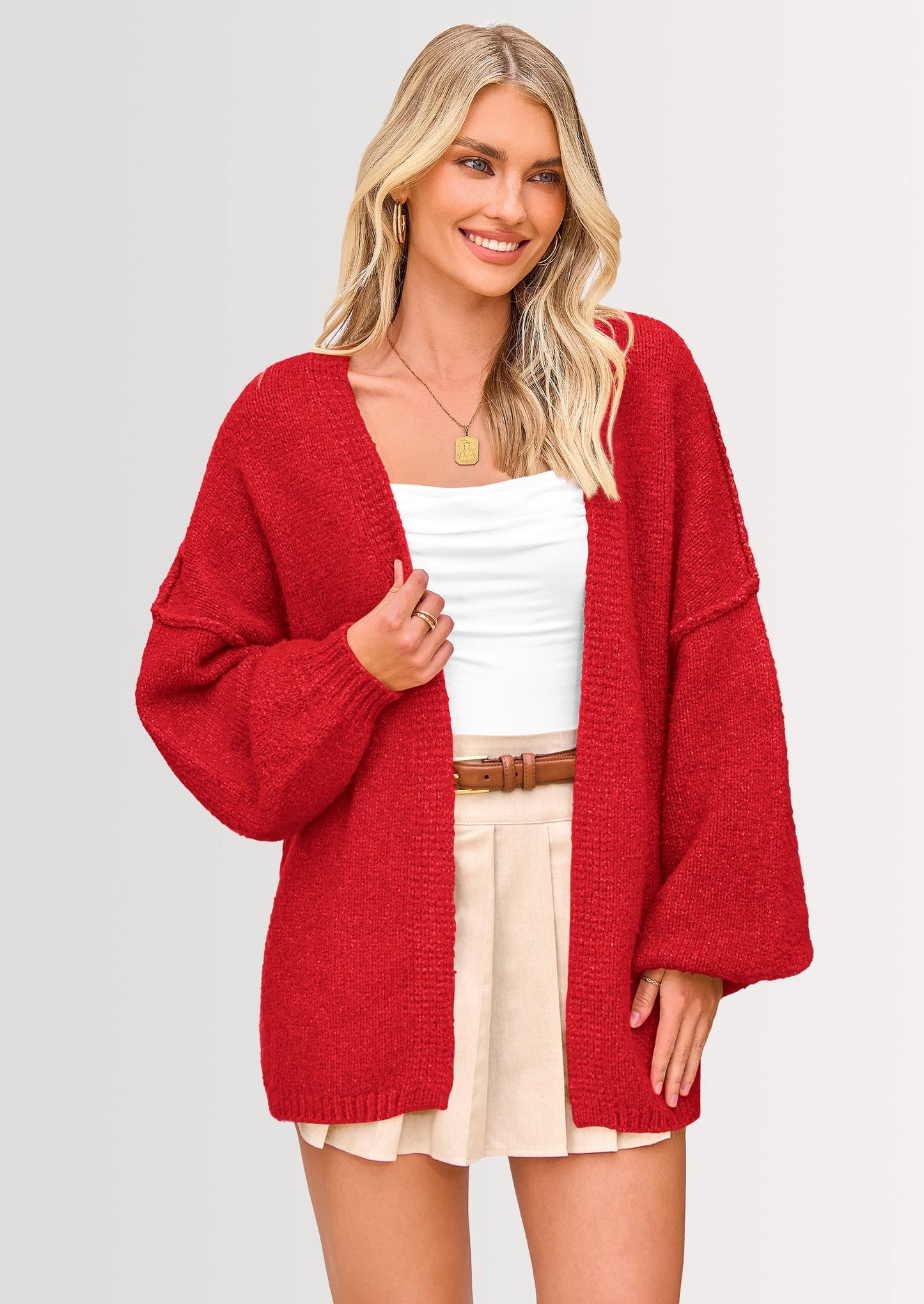 Women’s Oversized Lantern Sleeve Cardigan – Lightweight Fall Knit Sweater, Open Front