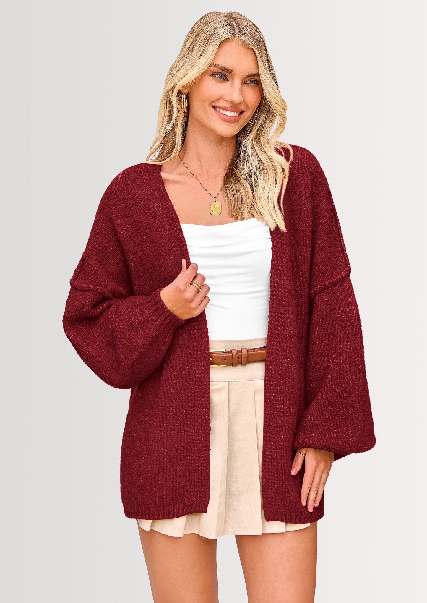 Women’s Oversized Lantern Sleeve Cardigan – Lightweight Fall Knit Sweater, Open Front