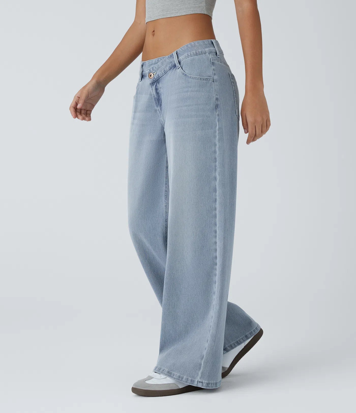 Asymmetric Low Rise Zipper Pockets Baggy Wide Leg Washed Casual Jeans | Regular