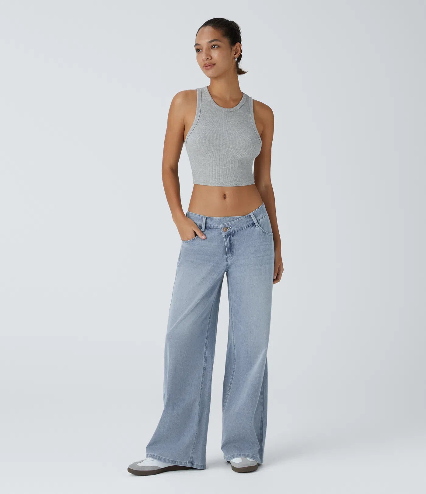 Asymmetric Low Rise Zipper Pockets Baggy Wide Leg Washed Casual Jeans | Regular