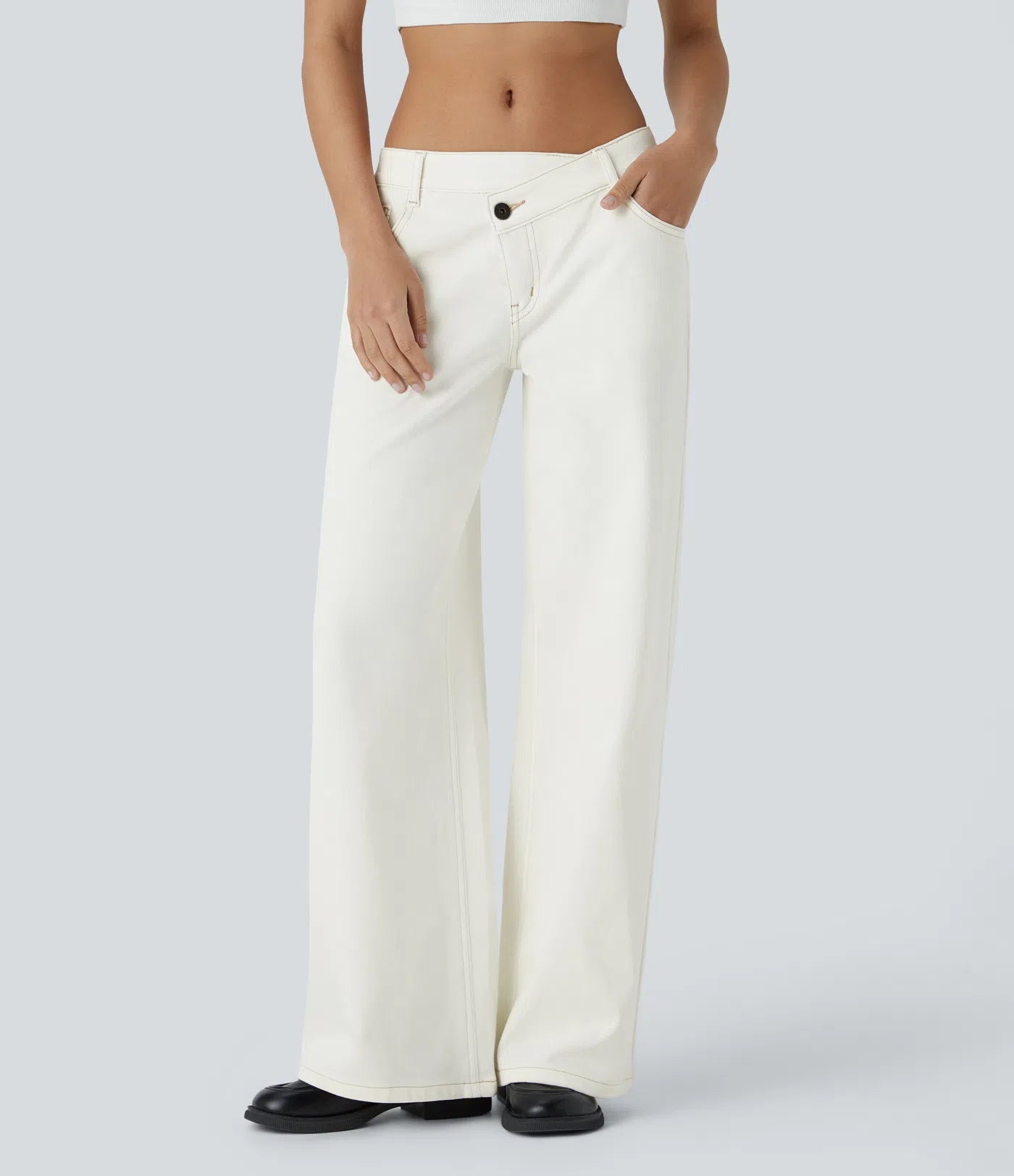 Asymmetric Low Rise Zipper Pockets Baggy Wide Leg Washed Casual Jeans | Regular