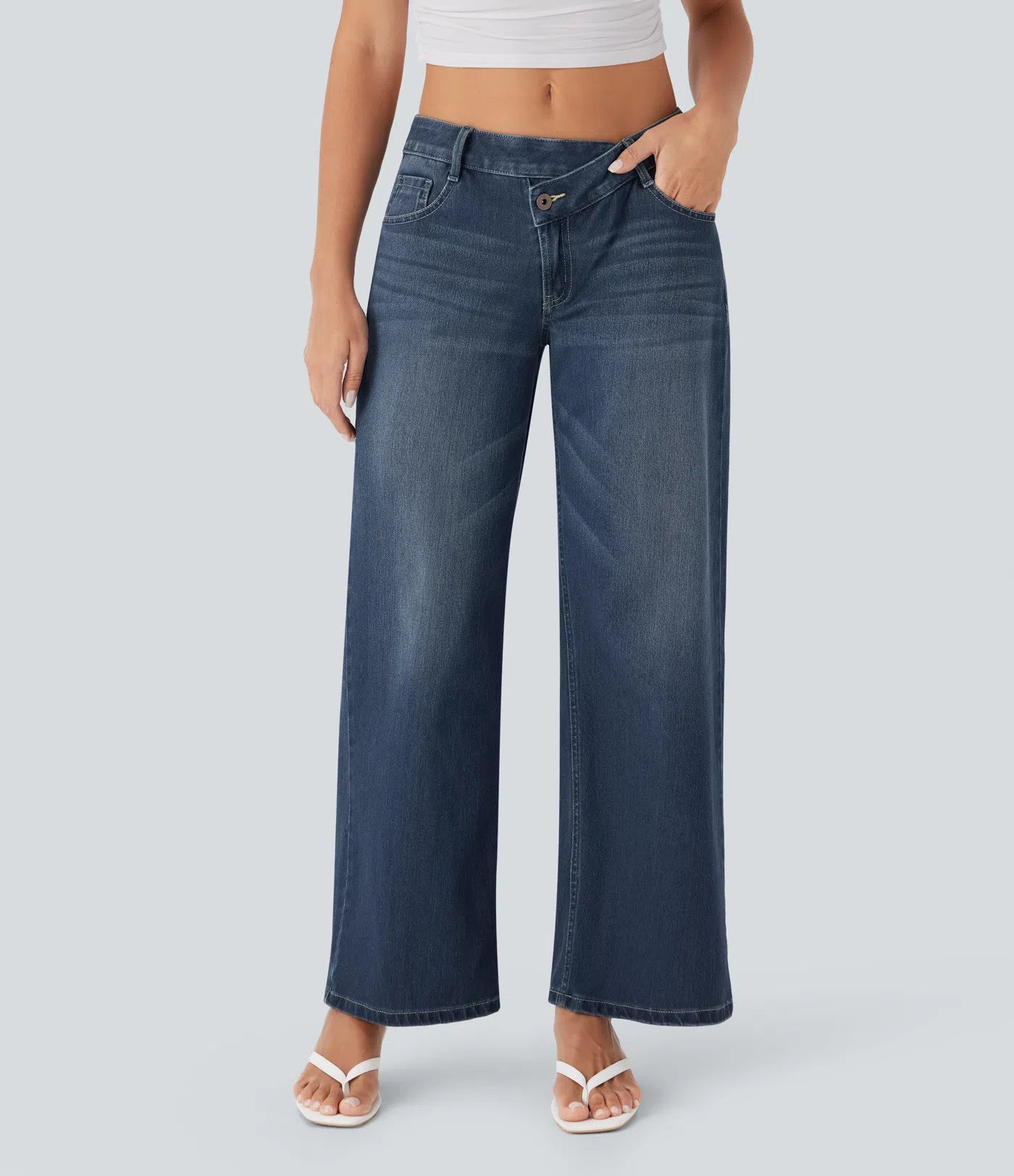 Asymmetric Low Rise Zipper Pockets Baggy Wide Leg Washed Casual Jeans | Regular