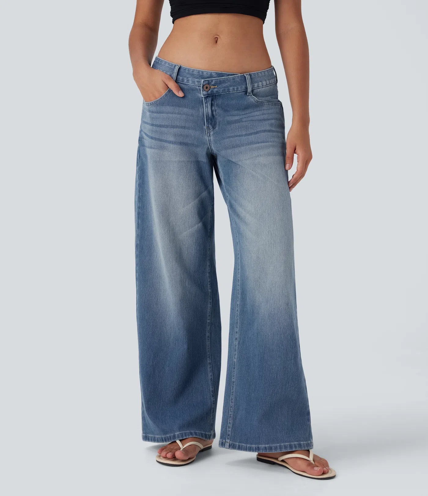 Asymmetric Low Rise Zipper Pockets Baggy Wide Leg Washed Casual Jeans | Regular