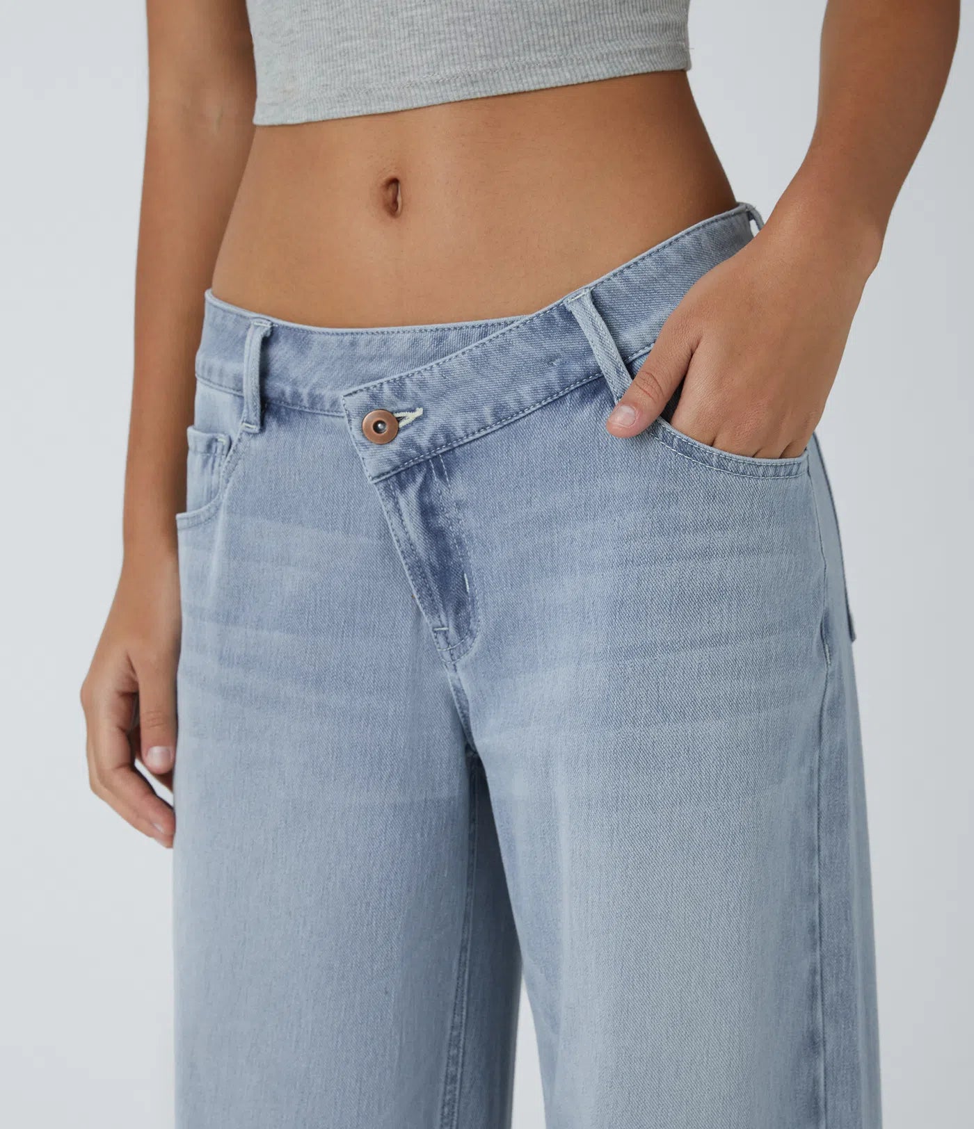 Asymmetric Low Rise Zipper Pockets Baggy Wide Leg Washed Casual Jeans | Regular