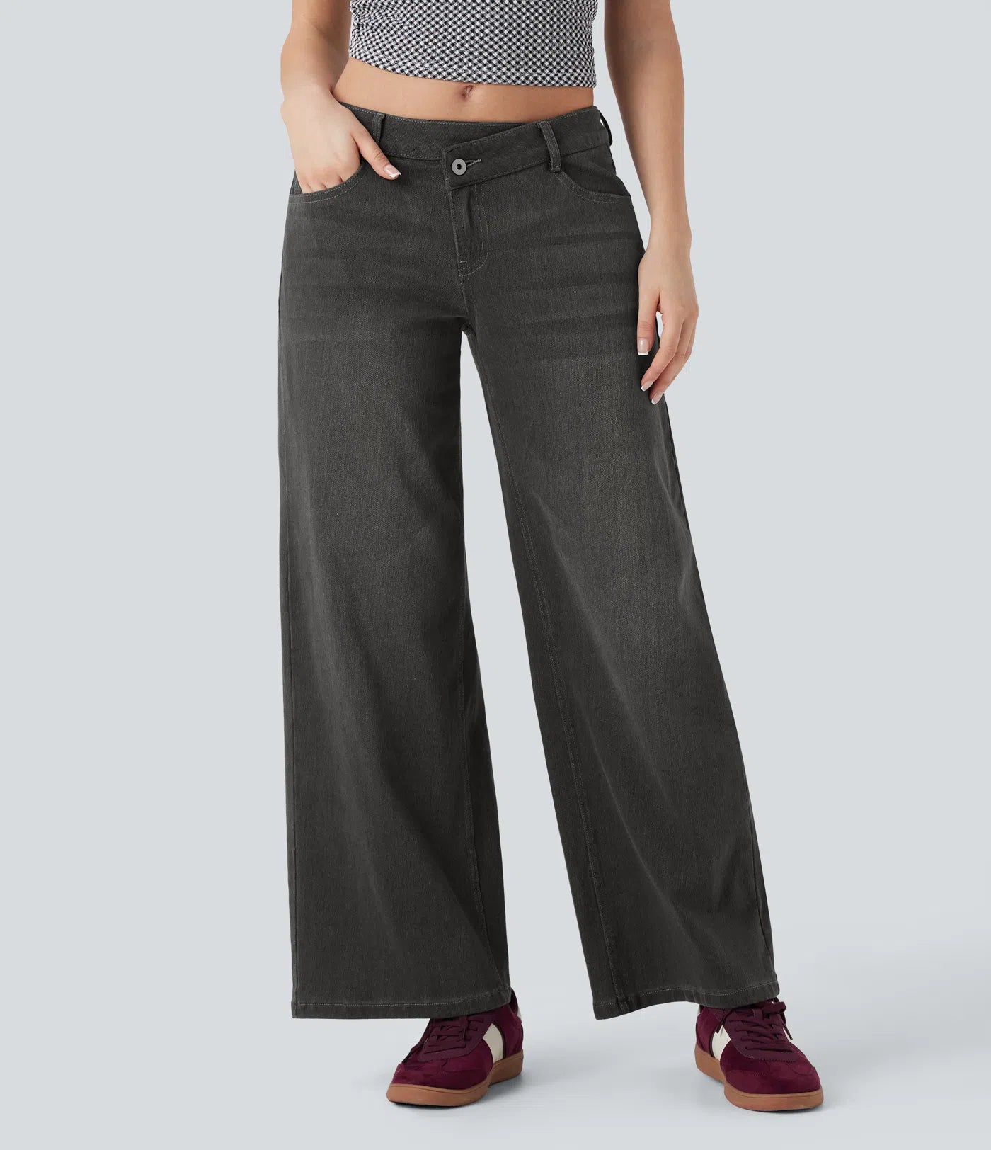 Asymmetric Low Rise Zipper Pockets Baggy Wide Leg Washed Casual Jeans | Regular