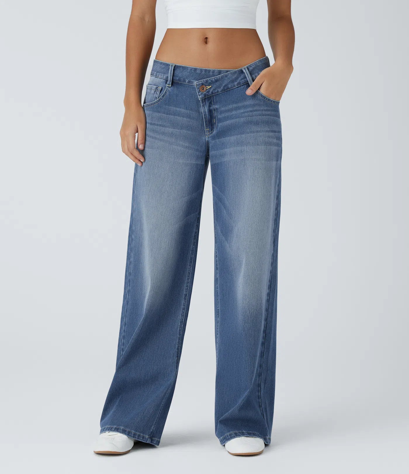 Asymmetric Low Rise Zipper Pockets Baggy Wide Leg Washed Casual Jeans | Regular