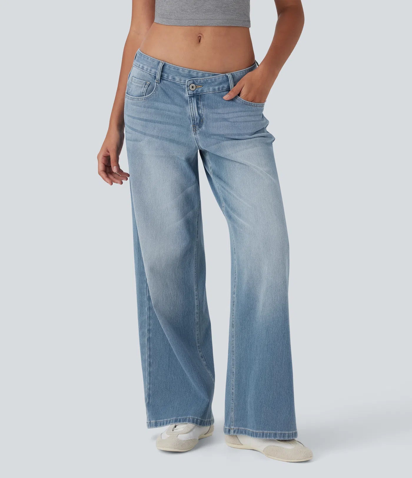 Asymmetric Low Rise Zipper Pockets Baggy Wide Leg Washed Casual Jeans | Regular