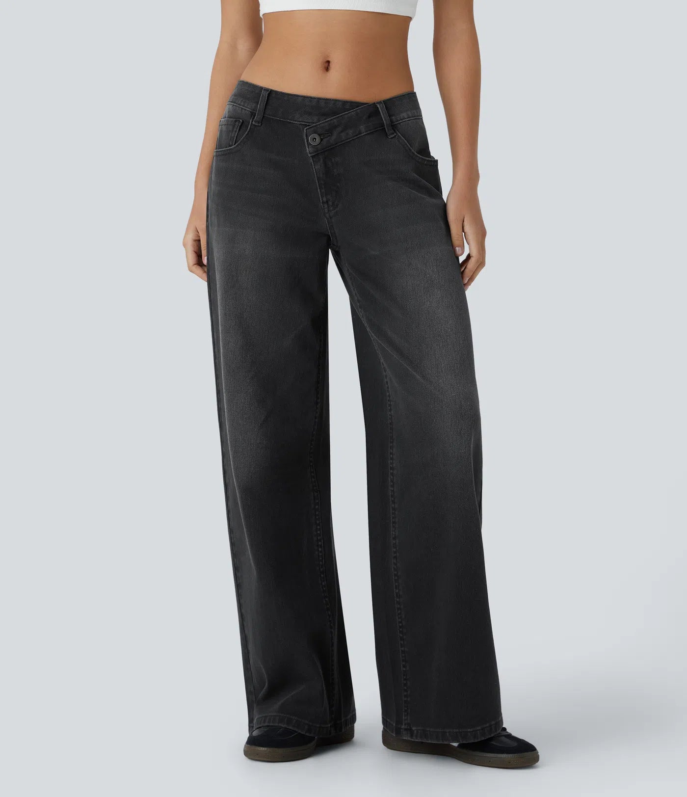 Asymmetric Low Rise Zipper Pockets Baggy Wide Leg Washed Casual Jeans | Regular
