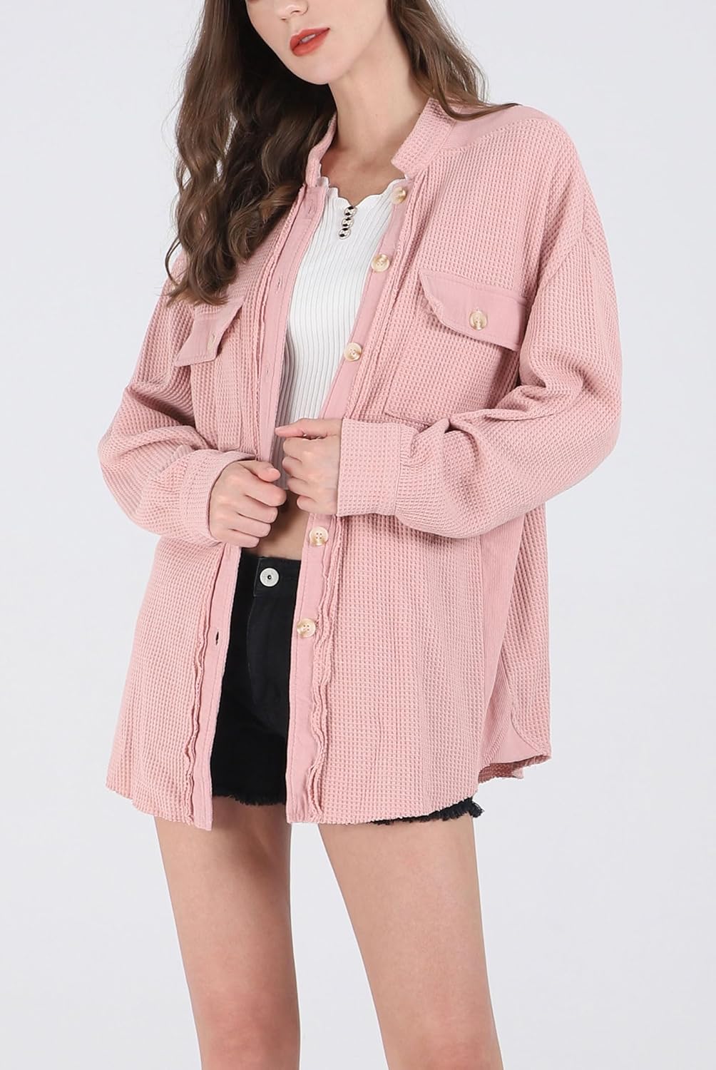 Women's Loose Fit Batwing Sleeve Waffle Knit Button Down Shirt