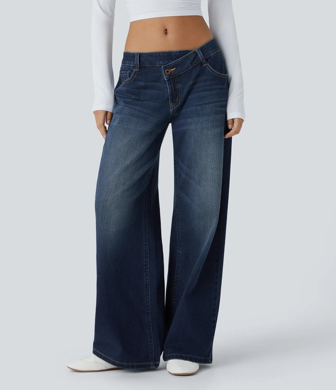 Asymmetric Low Rise Zipper Pockets Baggy Wide Leg Washed Casual Jeans | Regular
