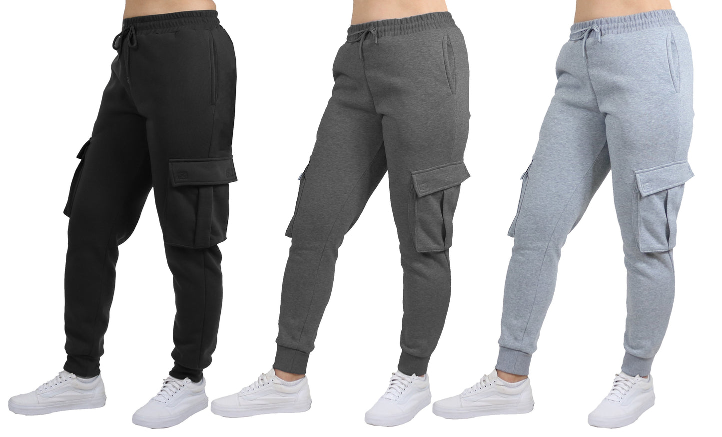Women's Loose Fit Fleece Jogger Sweatpants with Velcro Cargo Pockets-3 Pack