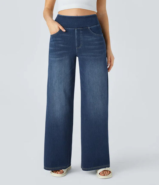 High Waisted Pockets Baggy Wide Leg Washed Casual Jeans | Regular