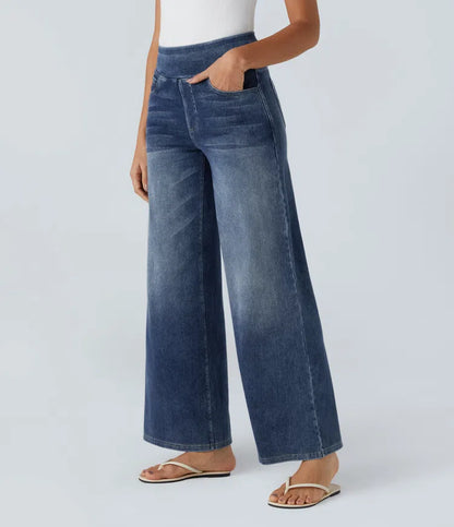 High Waisted Pockets Baggy Wide Leg Washed Casual Jeans | Regular
