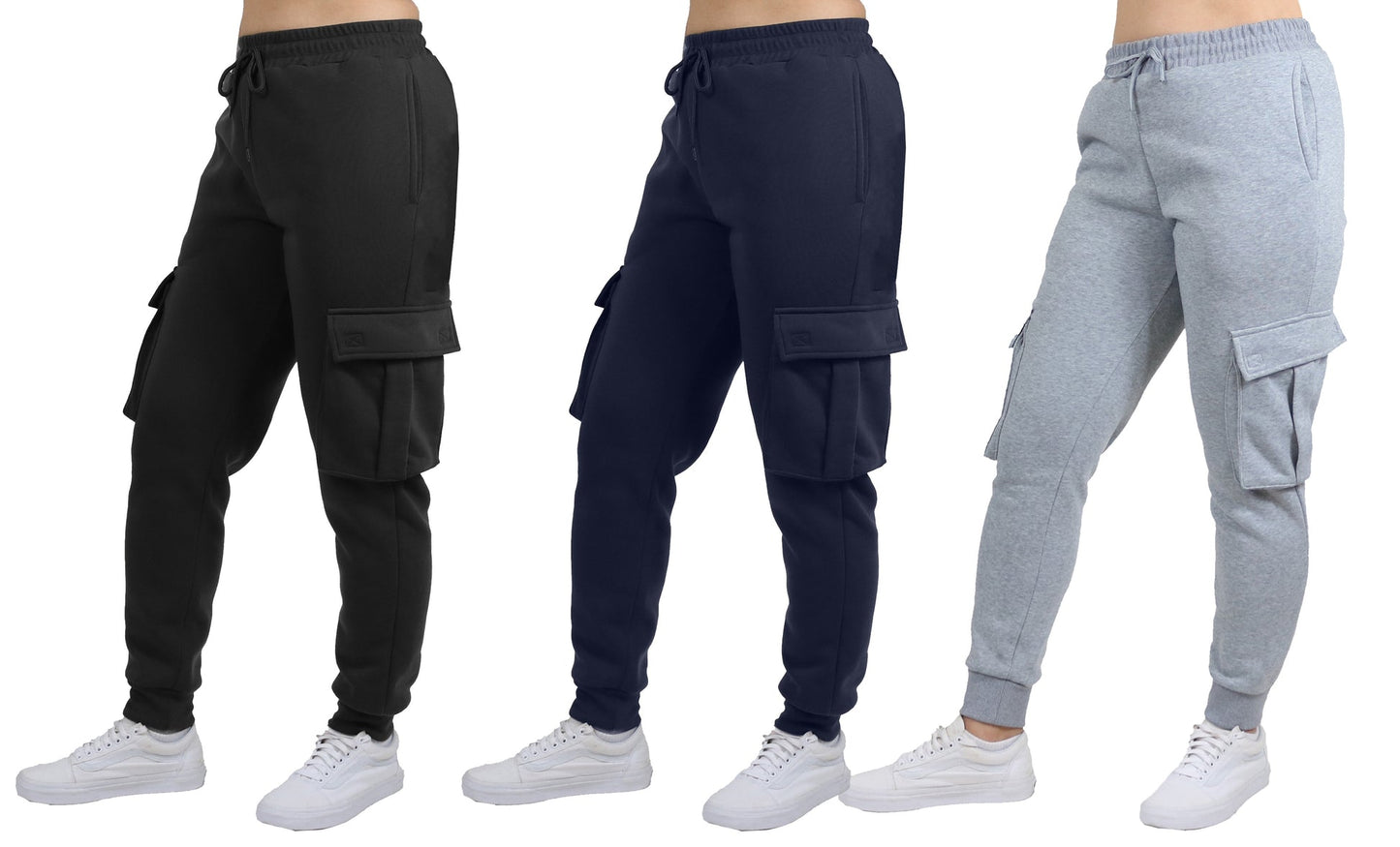 Women's Loose Fit Fleece Jogger Sweatpants with Velcro Cargo Pockets-3 Pack
