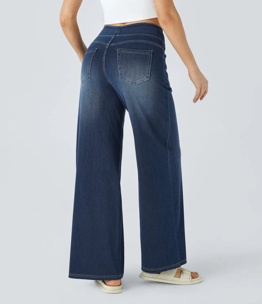 High Waisted Pockets Baggy Wide Leg Washed Casual Jeans | Regular