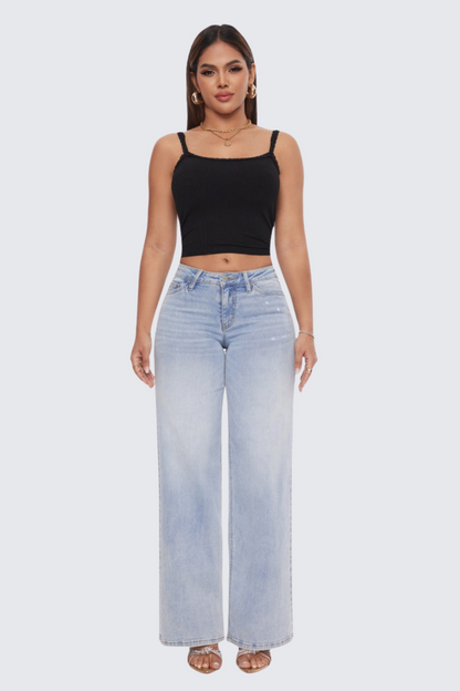 Women’s Baggy Wide-Leg Jeans – Mid-Low Rise, Stretchy & Comfortable