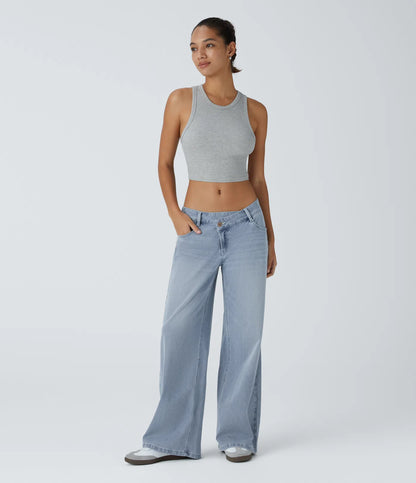 Asymmetric Low Rise Zipper Pockets Baggy Wide Leg Washed Casual Jeans | Regular