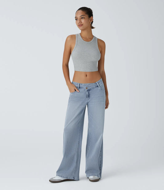 Asymmetric Low Rise Zipper Pockets Baggy Wide Leg Washed Casual Jeans | Regular