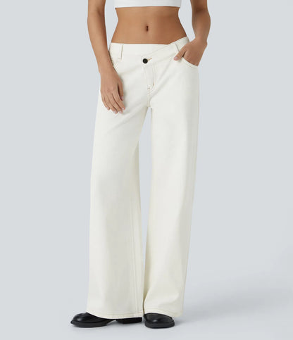 Asymmetric Low Rise Zipper Pockets Baggy Wide Leg Washed Casual Jeans | Regular