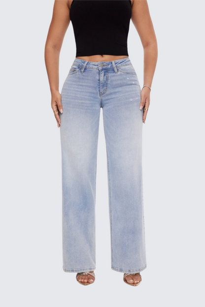 Women’s Baggy Wide-Leg Jeans – Mid-Low Rise, Stretchy & Comfortable