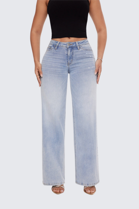 Women’s Baggy Wide-Leg Jeans – Mid-Low Rise, Stretchy & Comfortable