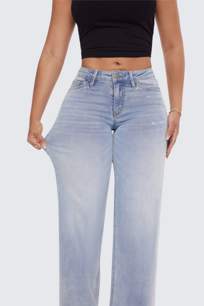 Women’s Baggy Wide-Leg Jeans – Mid-Low Rise, Stretchy & Comfortable
