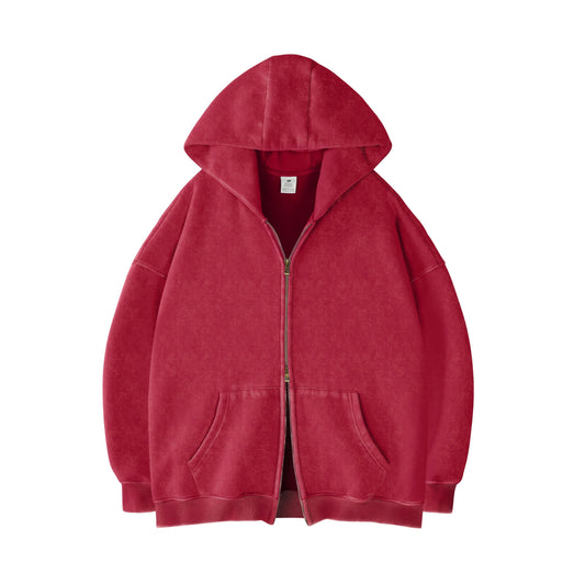 Faiable Women’s Oversized Double-Zip Acid Wash Hoodie – Heavyweight Fleece Cotton