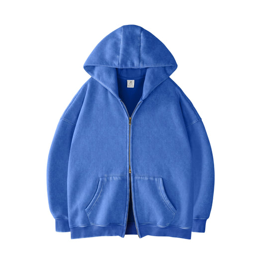 Faiable Women’s Oversized Double-Zip Acid Wash Hoodie – Heavyweight Fleece Cotton