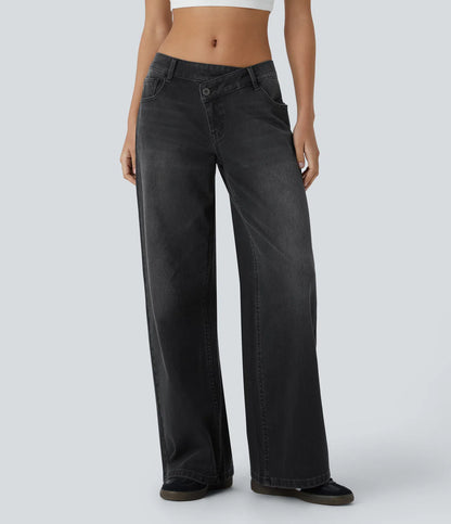 Asymmetric Low Rise Zipper Pockets Baggy Wide Leg Washed Casual Jeans | Regular