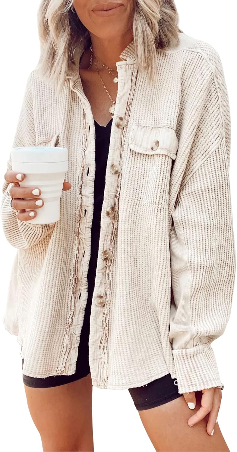 Women's Loose Fit Batwing Sleeve Waffle Knit Button Down Shirt