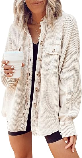 Women's Loose Fit Batwing Sleeve Waffle Knit Button Down Shirt