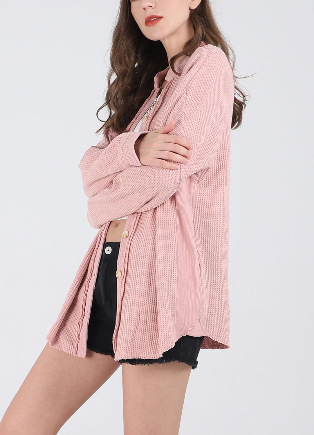Women's Loose Fit Batwing Sleeve Waffle Knit Button Down Shirt
