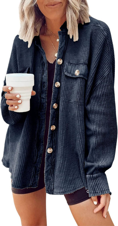 Women's Loose Fit Batwing Sleeve Waffle Knit Button Down Shirt