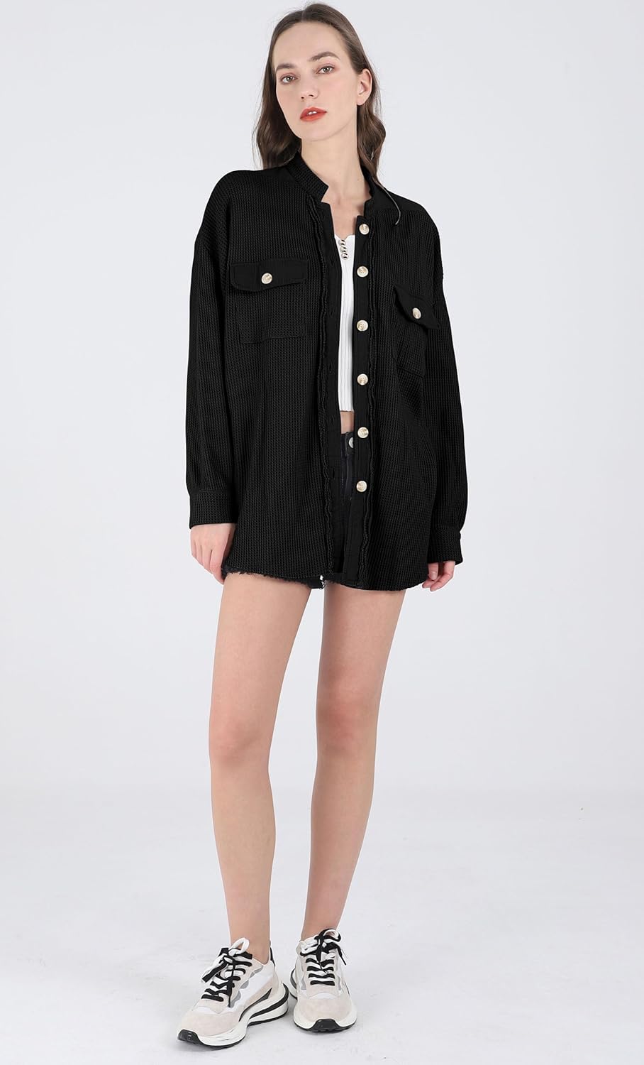 Women's Loose Fit Batwing Sleeve Waffle Knit Button Down Shirt