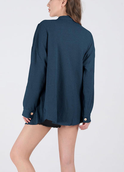 Women's Loose Fit Batwing Sleeve Waffle Knit Button Down Shirt