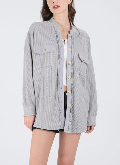 Women's Loose Fit Batwing Sleeve Waffle Knit Button Down Shirt