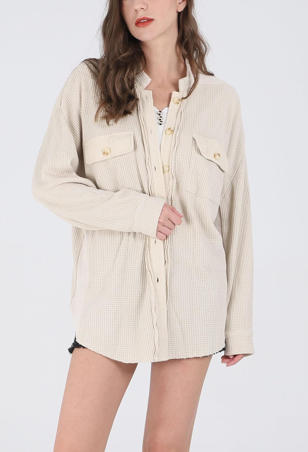 Women's Loose Fit Batwing Sleeve Waffle Knit Button Down Shirt