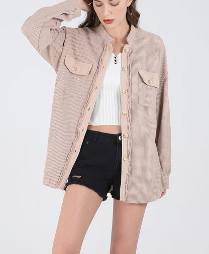 Women's Loose Fit Batwing Sleeve Waffle Knit Button Down Shirt