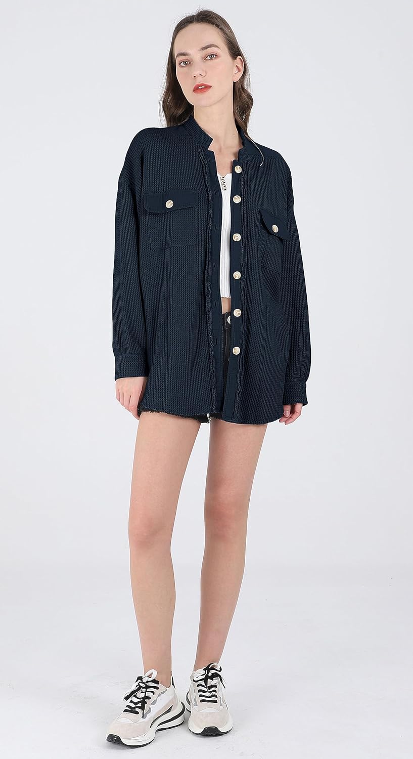 Women's Loose Fit Batwing Sleeve Waffle Knit Button Down Shirt