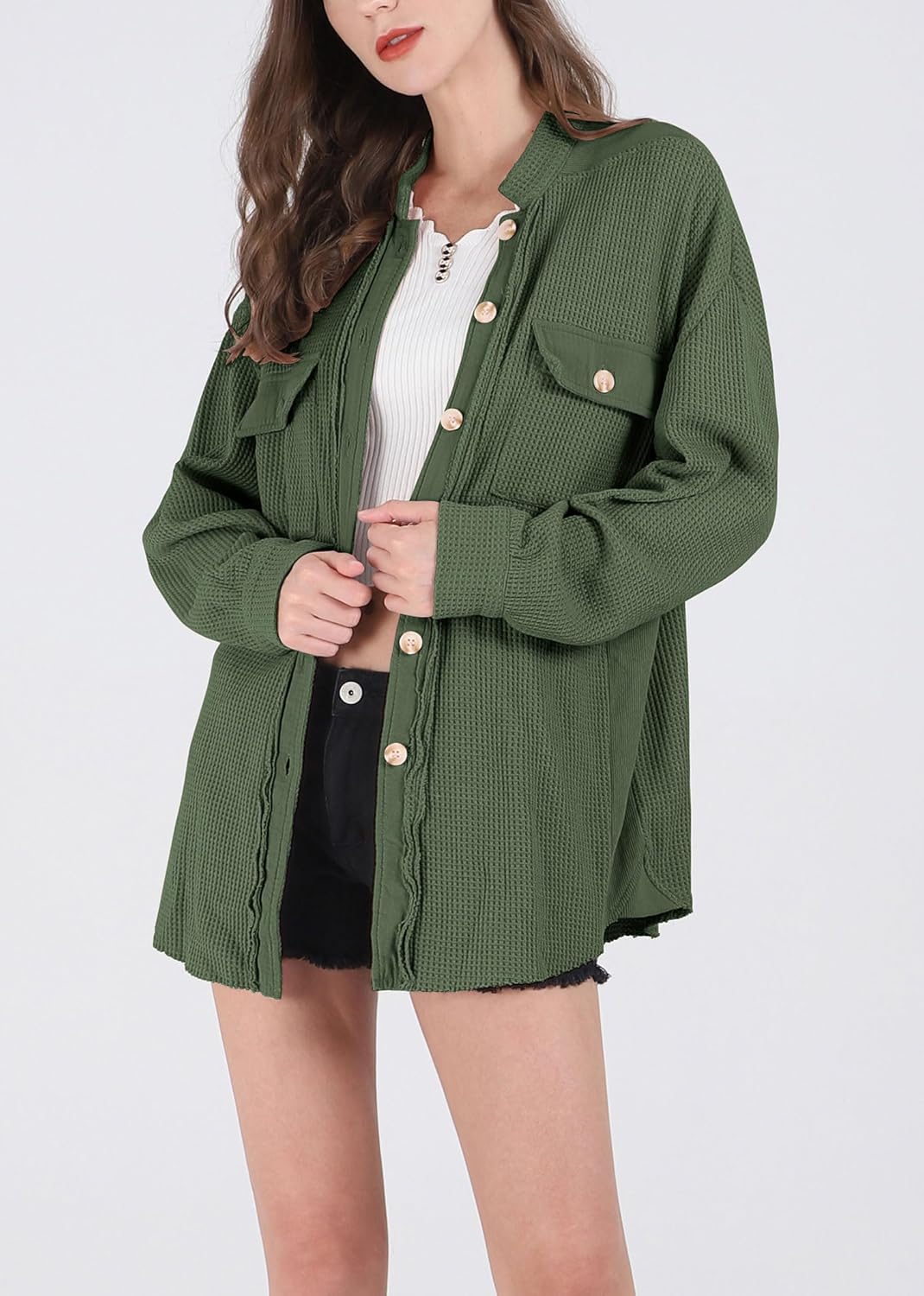 Women's Loose Fit Batwing Sleeve Waffle Knit Button Down Shirt